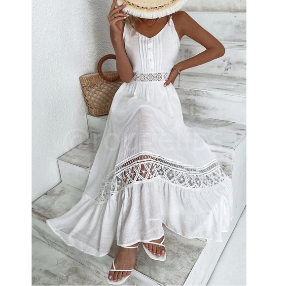 Rouge! Dresses & Skirts - White Long Flared Maxi Dress Cami Tie Back Lace Crochet Detail